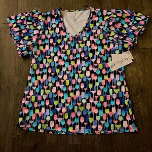 Lulu B Colorful Wine Glass Ruffle Sleeve Cooling UPF 50 Top NWT Size Medium M​